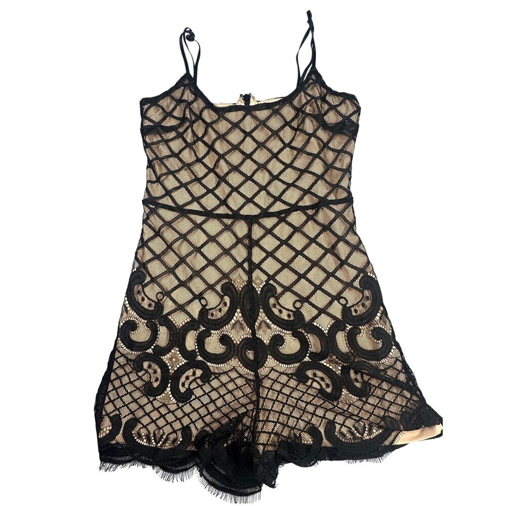 Bebe Lace Romper Nude Illusion Eyelash Trim Strappy